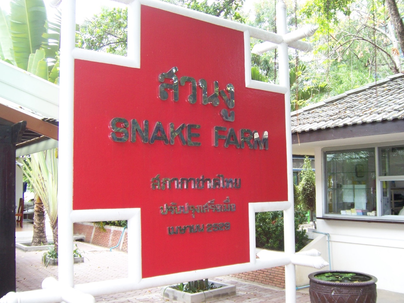 树荫下的红十字形蛇园标牌，写有泰文สวนงู、Snake Farm与泰国红十字会