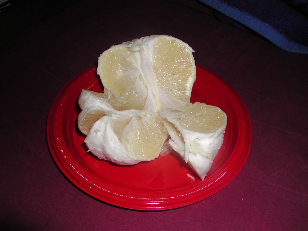 红色盘子里放着剥开厚白皮并分成数块的浅色柚子