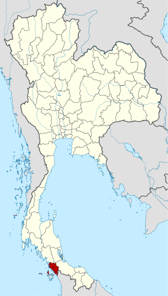 泰国府级地图中以红色标出西南端沙敦府位置