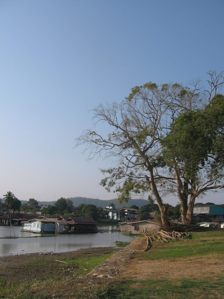 乌泰他尼寺院码头旁的沙缴甘河水上住宅