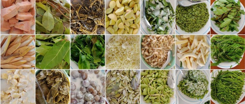 多格拼图展示泰式米线餐桌会使用的叶菜、豆芽、豆角与腌菜