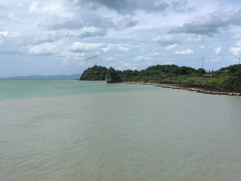 东萨码头附近的浅绿色海面与低矮森林海岸