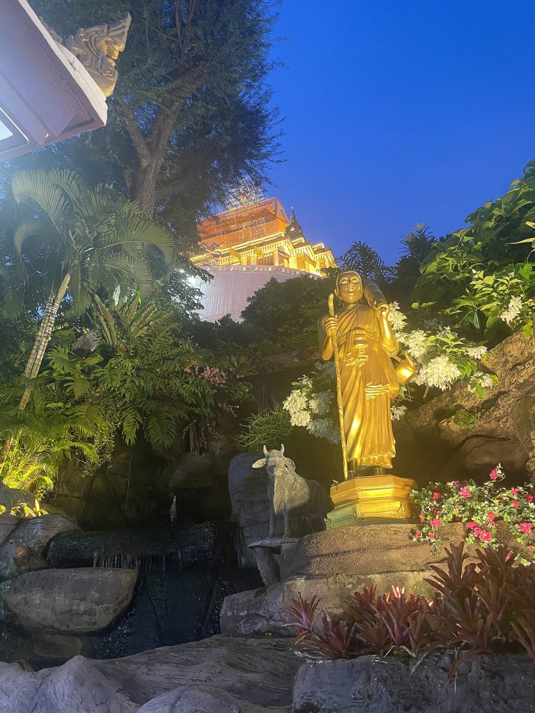 山下花木间一尊金色站立佛像，远处可见夜间灯光和脚手架