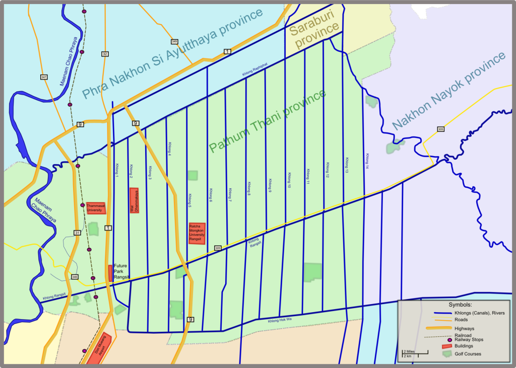 巴吞他尼府兰实运河系统地图，蓝线标出主运河和支线