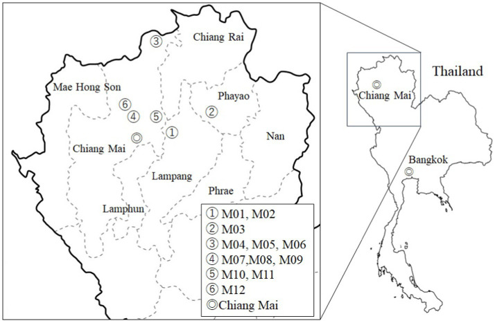 泰国北部采样地图,六组编号对应M01至M12样本