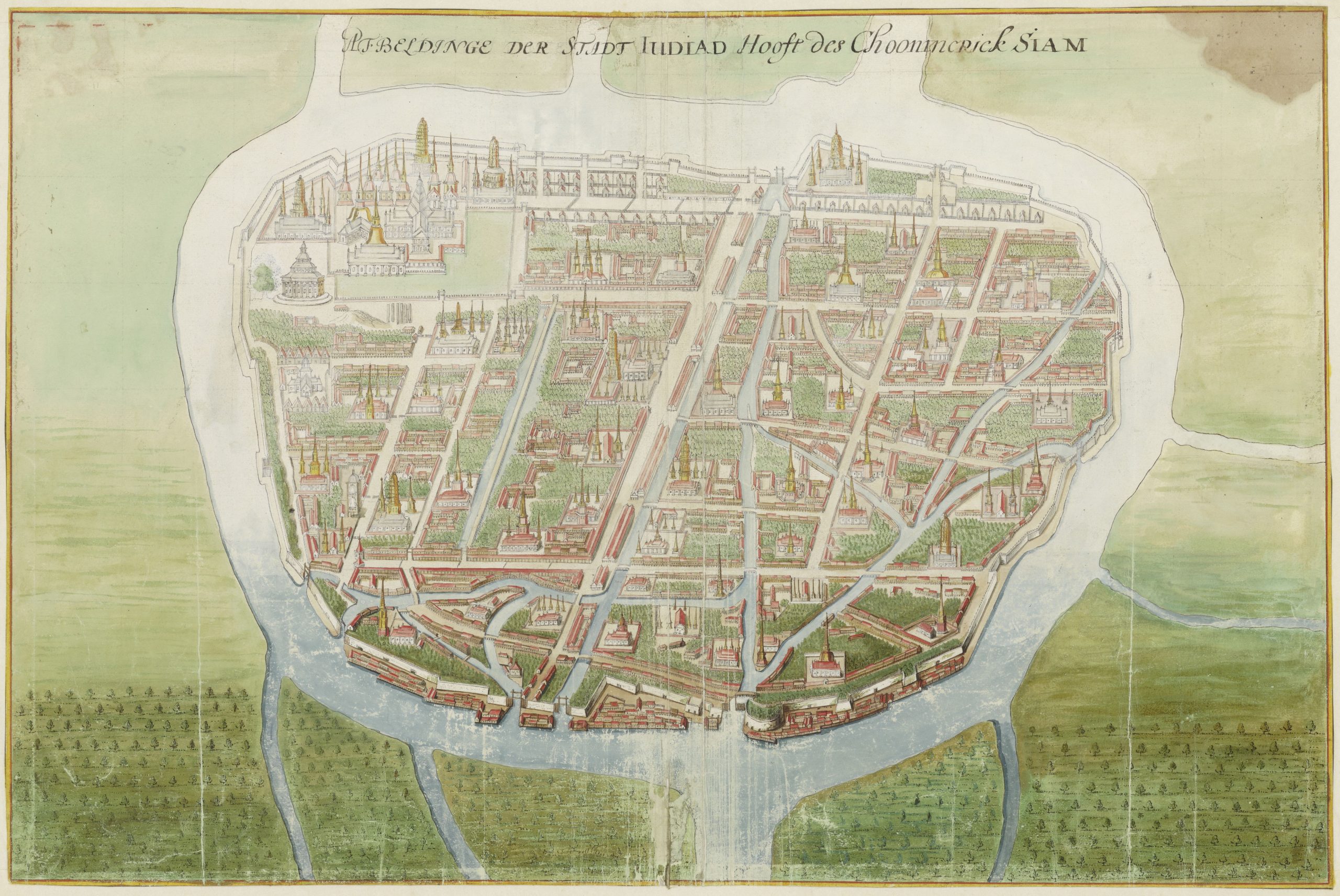 Johannes Vingboons约1665年绘制的大城鸟瞰图,城墙、水道与寺塔密集分布