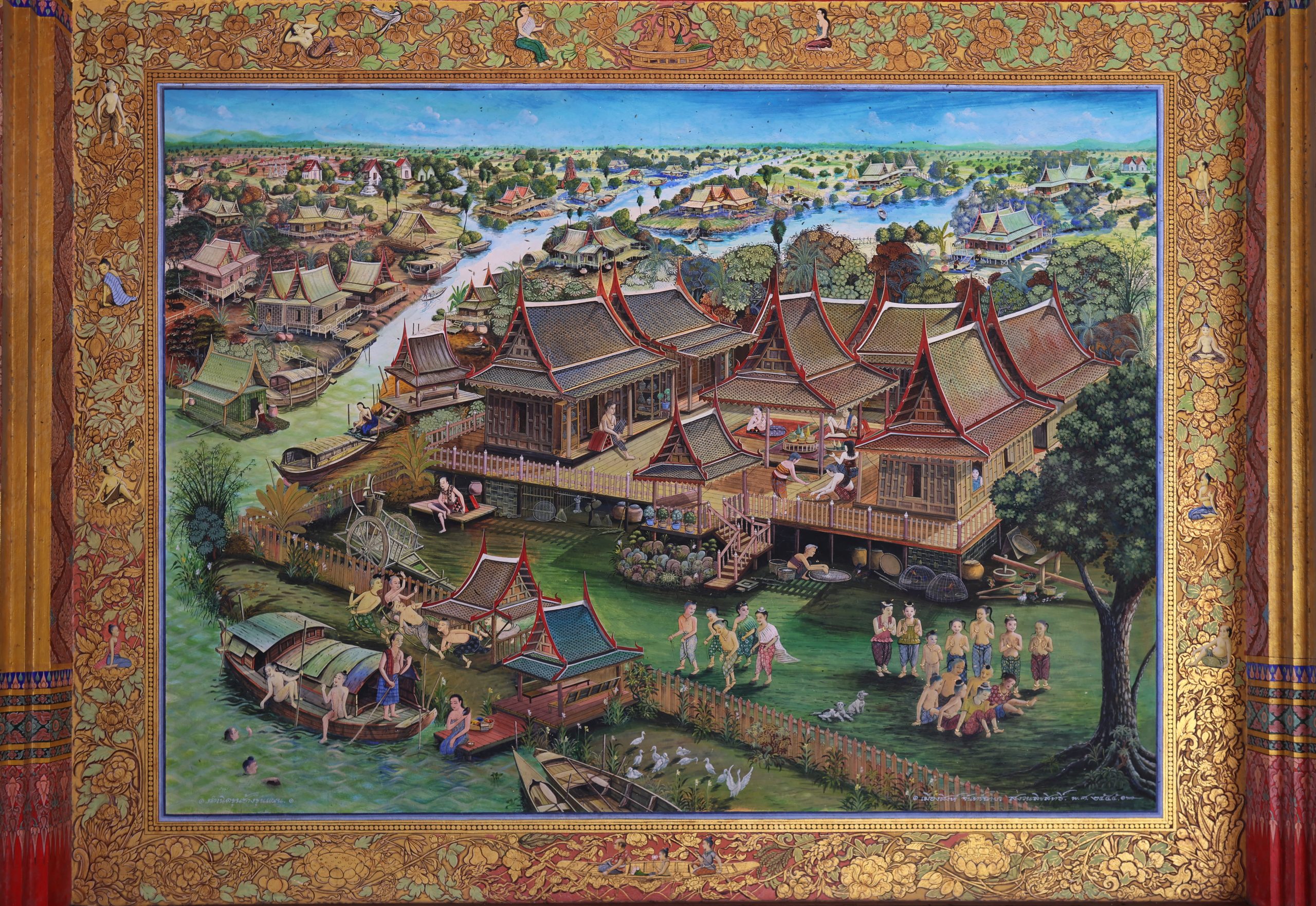 帕莱莱寺壁画中河道、船只、架高木屋和人物